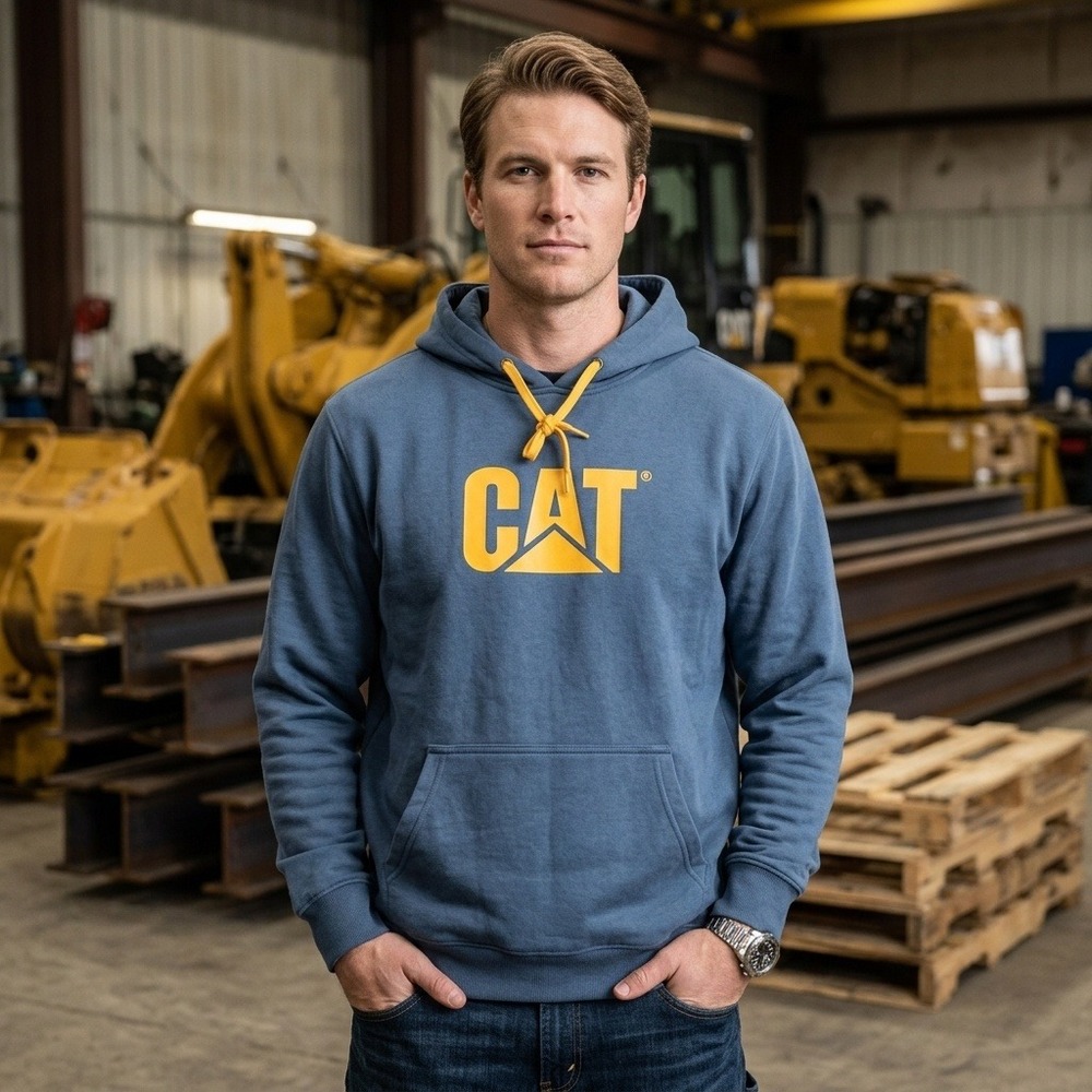 Y2K CAT Sweatshirt Mens L Pullover Caterpillar Logo Spell out Blue Yellow Hoodie